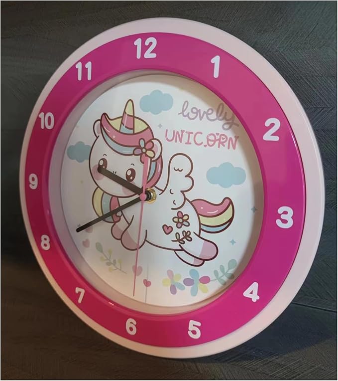 Learning Time Clock for Kids ，Colorful Clock Face Silent Clocks，Décor at School,Bedroom,Kitchen,Classroom,Clear Digital Wall Clock for Kids Room (Rainbow Cute Unicorn)