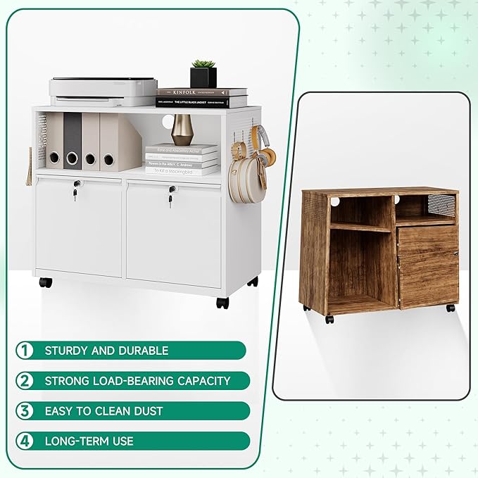 Letaya Mobile 2 Drawer File Cabinet with Lock, Metal Lateral Printer Stand Filing Storage Cabinets with Shelves for Home Office-A4/F4/Letter (White)