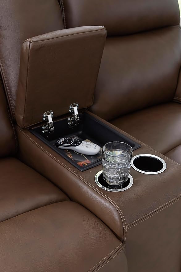 Signature Design by Ashley VonRyan Modern Leather Match Power Reclining Loveseat with USB Ports, Dark Brown
