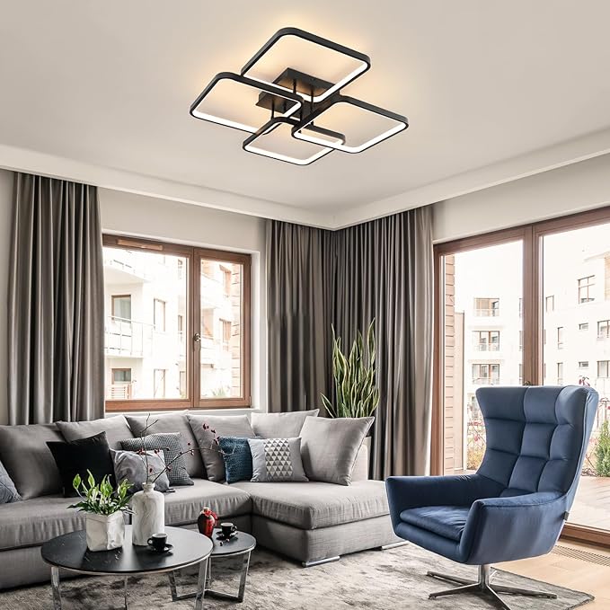 Modern Led Ceiling Light Fixtures for Living Room, Dimmable Square Ceiling Lighting Fixture with Remote Control, 3 Colors Flush Mount Ceiling Light for Dining Room, Kitchen, Living Room