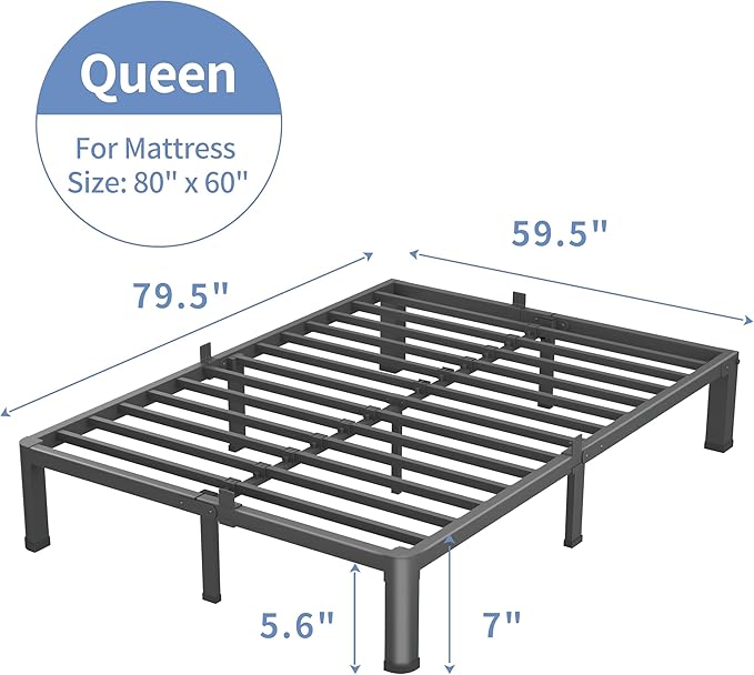 7 Inch Queen Bed Frame, 3500Lbs Heavy Duty Metal Platform with Round Corner Legs Mattress Slide Stopper, Steel Slat Support No Box Spring Needed, Noise Free, Non-Slip, Easy Assembly