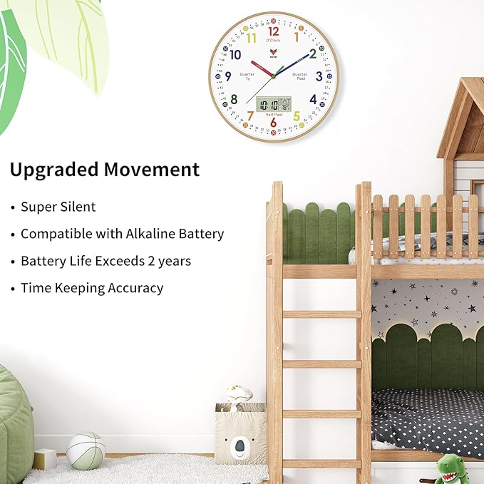 Foxtop Digital and Analog Learning Clock for Kids - Telling Time Teaching Clock 12 Inch Silent Non-Ticking Battery Operated Kids Wall Clock for Playroom Nursery Classroom School