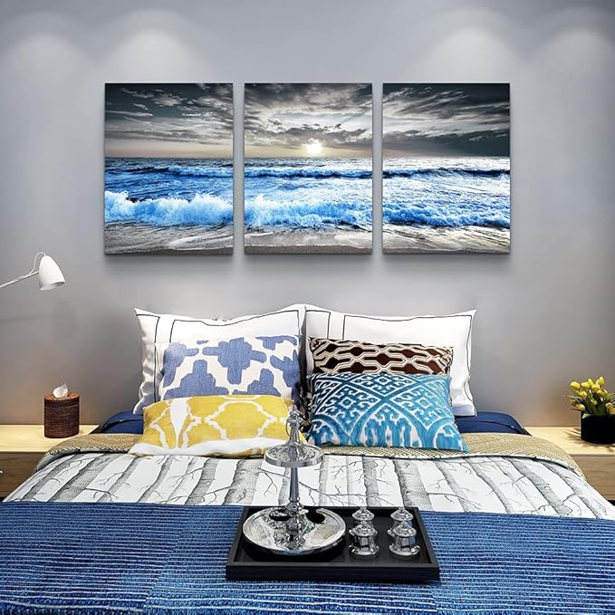 MHARTK66 Black and White Wall Art For Living Room Blue sea waves Canvas Wall Decor for Home Decor artwork painting 16" x 24" 3 Pieces Canvas Print For bedroom Decor Modern Salon kitchen Painting