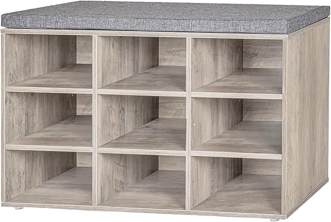 DINZI LVJ Shoe Bench, 9 Cubbies Shoe Organizer for Entryway, Storage Bench with Cushion, Cubby Shoe Rack with Adjustable Shelves for Living Room, Bedroom, Mudroom, Hallway, Greige