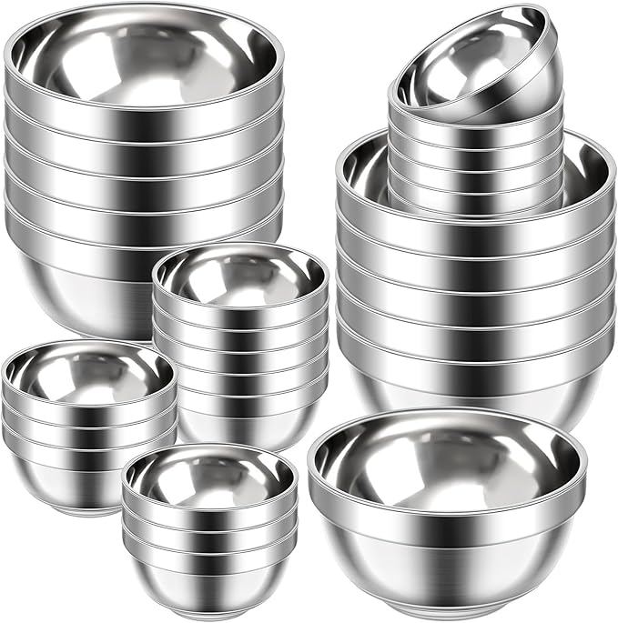 20 Pack 304 Stainless Steel Bowls Set 13 oz 34 oz Metal Double Walled Insulated Snack Mixing Lightweight Multipurpose Toddler Dinner Bowls for Ice Cream, Cereal, Snack