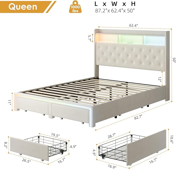 Queen LED Bed Frame with Storage Headboard & Charging Station, Velvet Fabric Platform Bed Frames with 4 Drawers, No Box Spring Needed, Button Tufted Upholstered, Beige