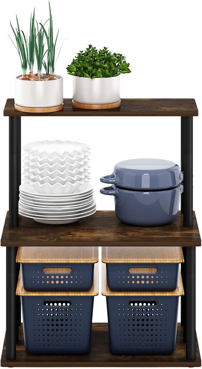 Furinno Turn-N-Tube 3-Tier Toolless Kitchen Storage Shelf, Amber Pine/Black