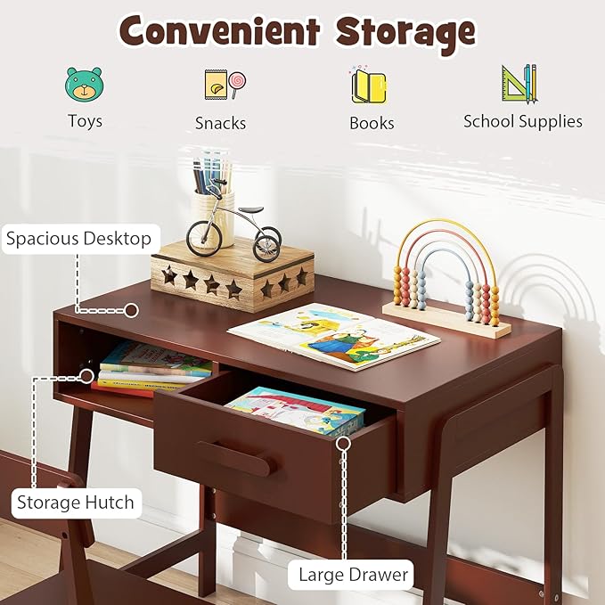 HONEY JOY Kids Desk and Chair Set, Wooden Children School Study Table and Chair w/Storage Drawer & Hutch, Student Writing Desk Computer Workstation for Bedroom, Gift for 3+ Years Old (Brown)