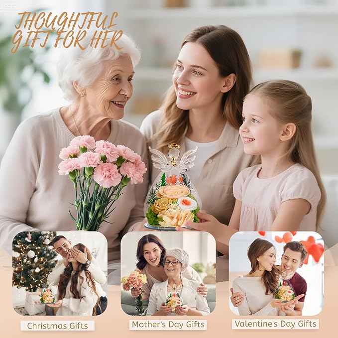 Gifts for Women Christmas Flowers for Delivery Birthday Gifts for Mom Grandma Preserved Rose Forever Flower in Glass Angel Figurines Fresh Bouquet Anniversary for Wife Sister Mother Friends