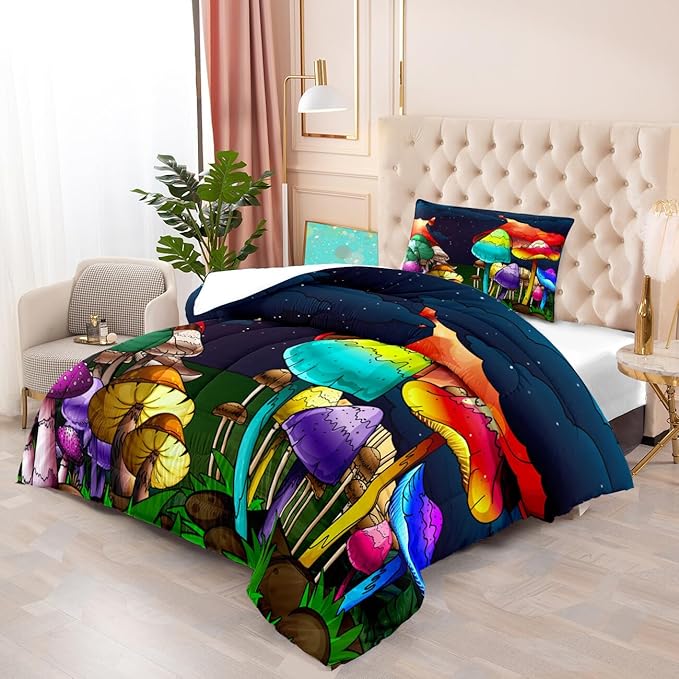 Mushroom Twin Comforter Set for Boys Cartoon Colorful Mushroom Bedding Set Night Sky Mushroom Comforter Set for Boys Bedroom All-Season Breathable Cute Mushroom Quilt with Pillowcase