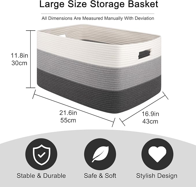 OIAHOMY Large Blanket Basket For Living Room, Rectangle Woven Baskets for Storage, Nursery Toy Storage With Handle-22”x17”x12”-Gradient Dark Grey