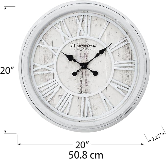20 Inch Farmhouse Wall Clock, Vintage Wood Silent Non-Ticking, Battery Operated Retro Round Decorative Clock for Kitchen, Living Room, Bedroom,Office,Grey White