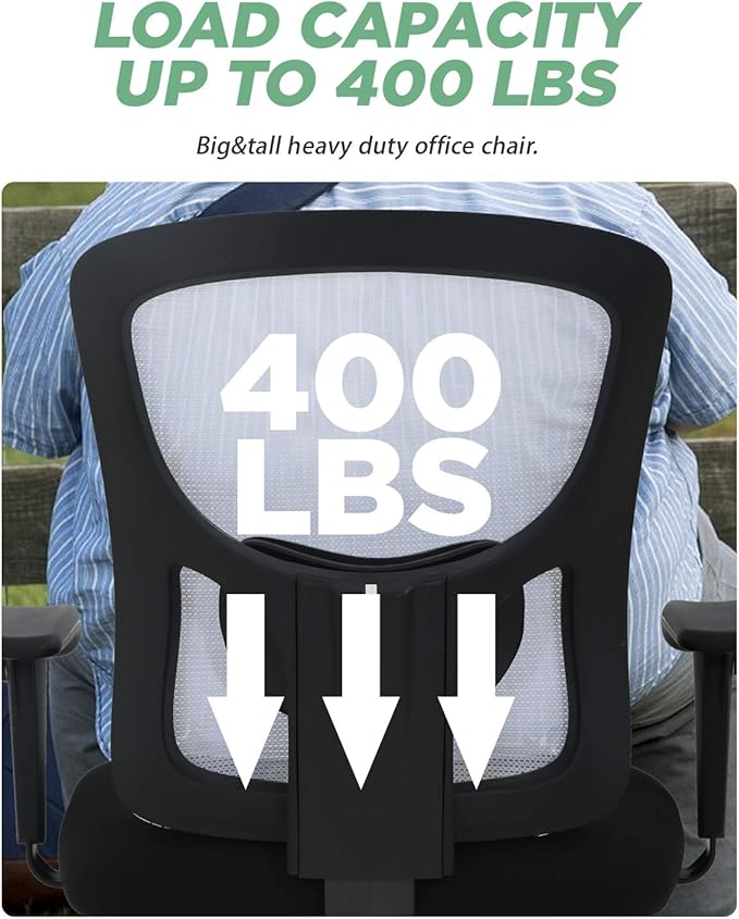 BestOffice Big and Tall Office Chair 400lbs Desk Chair Mesh Computer Chair with Lumbar Support Wide Seat Adjust Arms Rolling Swivel High Back Task Executive Ergonomic Chair for Home Office (White)