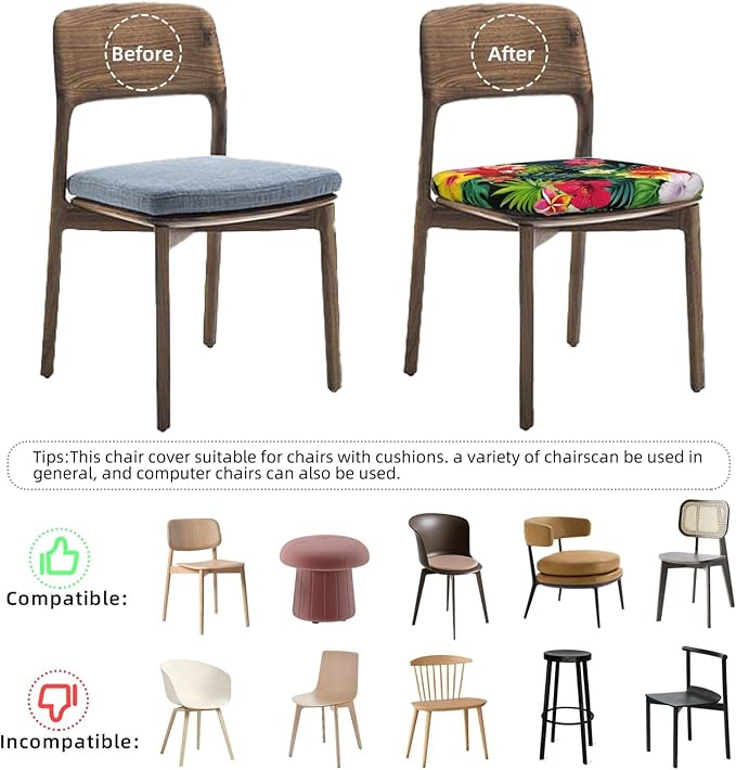 Seat Covers for Dining Room Chairsset of Set of 4, Hawaiian Floral Flower Stretch Chair Seat Covers Cushion Slipcovers for Kitchen Office