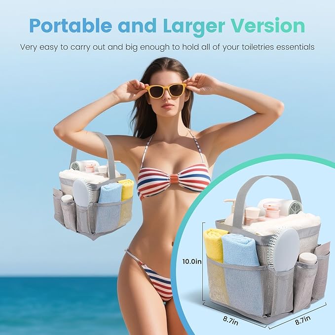 Shower Caddy Portable for College Dorm Room Essentials for Girls with 9 Pockets,Large-Capacity Shower Basket,Quick Dry Toiletry Tote Bag for Women,Outdoor Gym,Travel,Swim,Beach Camping Essentials-Grey
