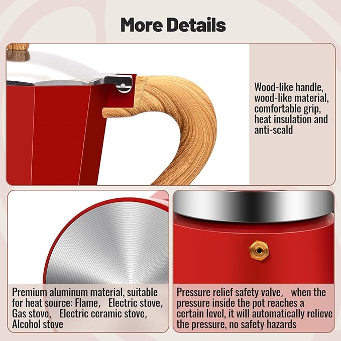 3 Cup Aluminum Moka Pot Classic Stovetop Espresso Coffee Maker 150ml 5oz Coffeemaker Percolator Mocha Pot Greca Coffee Maker Cafe Makers for Italian and Cuban Café Brewing Red