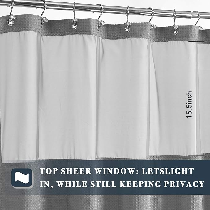 N&Y HOME Stall Waffle Shower Curtain with Snap-in Fabric Liner & Hooks Set - 54" x 78" Shower Stall Size, Hotel Style & Mesh Top Window, Machine Washable - 54x78, Gray
