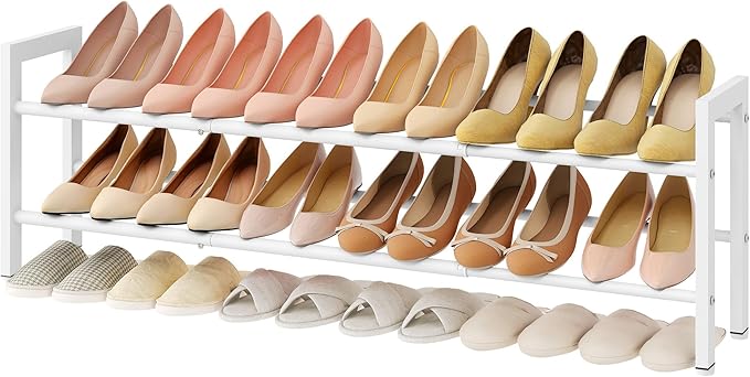 FAVOOSTY 2-Tier Expandable Shoe Rack, Adjustable Shoe Shelf Storage Organizer Space Saving Metal Free Standing Shoe Rack for Entryway Closet Doorway, White