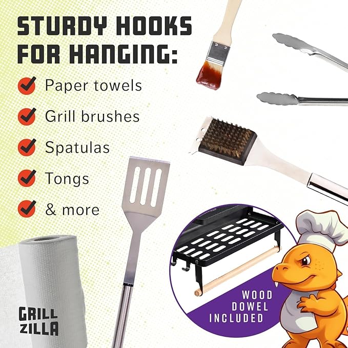 Grill Accessories Magnetic Grill Caddy & Organizer - Black Portable Powder-Coated Iron - BBQ Shelf & Tool Holder with Heavy Duty Magnets for Refrigerator & Oven - Foldable Design