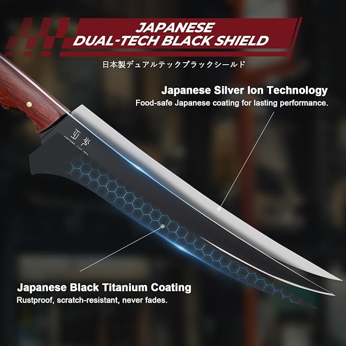Fish Fillet Knife 7inch - Black Meat Slicing Knife in High Carbon Steel, Boning Knives for Meat Poultry Chicken Trimming, Fish Knives with Wooden Handle, Gift for Men
