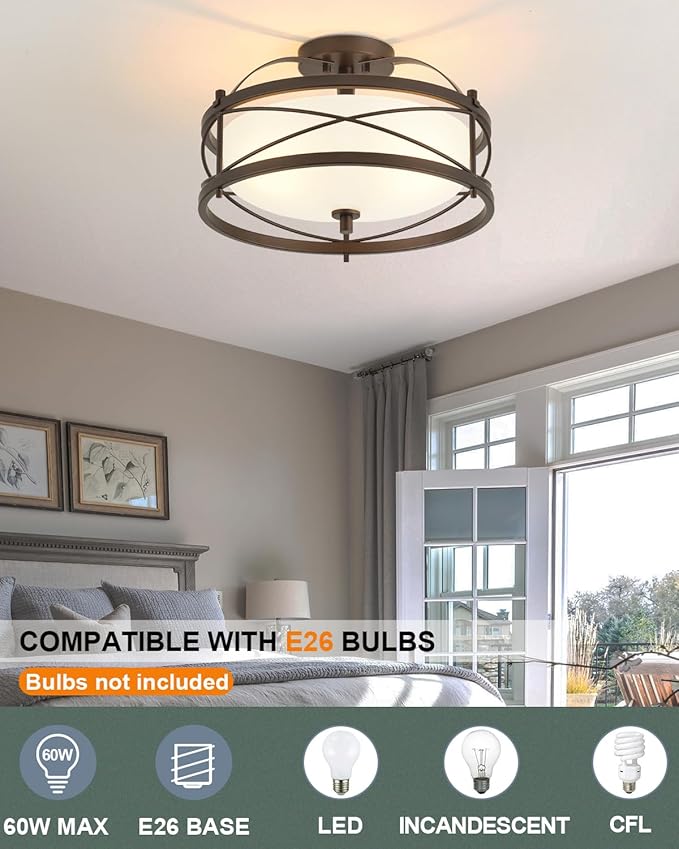 Entryway Drum Light Fixtures, Semi-Flush Mount Rustic Ceiling Light for Hallway Living Room Bedroom Kitchen (Old Bronze Finished)