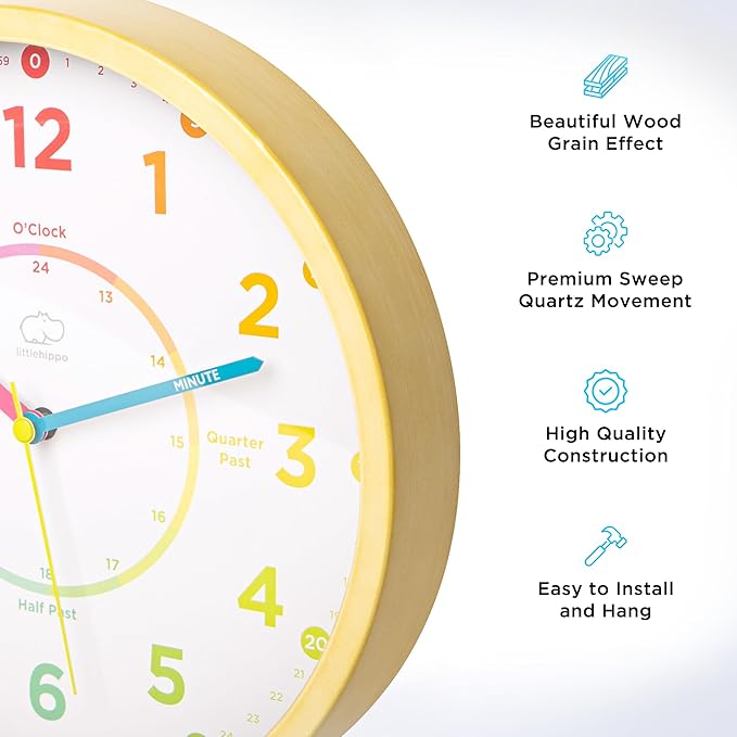 LittleHippo Learning Clock for Kids for Teaching to Tell Time - Kid's Analog, Silent, Non-Ticking Wall Clock for Bedrooms, Nursery, Playroom, School Classroom, Study to Learn to Tell Time