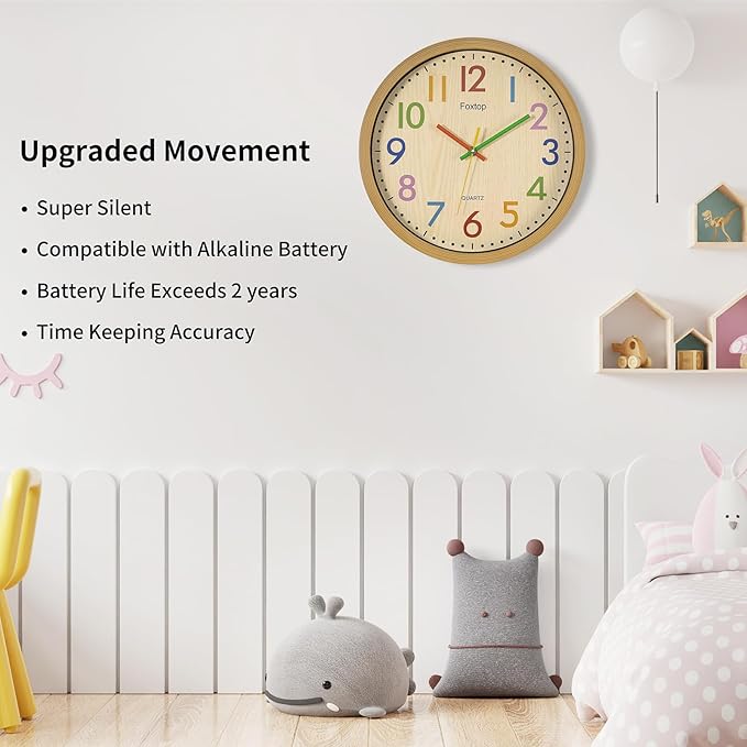 Foxtop Silent Kids Wall Clock 12 Inch Non-Ticking Battery Operated Colorful Childrens Clock for Classroom Playroom Nursery Bedrooms Kids Room School