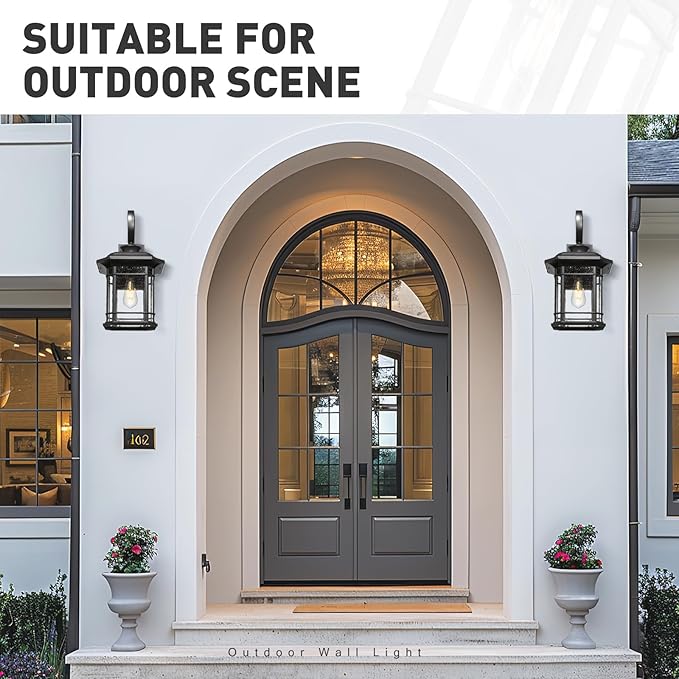 Emliviar Outdoor Wall Lantern Fixture with E26 Base, Large 21.9 Inch Exterior Wall Light with Seeded Glass, Black Finish, 2084B-L BK