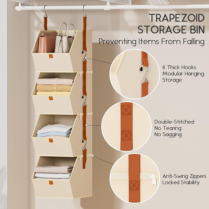 Hanging Closet Organizer 4 Tier - Clothes Hanging Shelves, Space-Saving Closet System, Fabric Storage Bins Bedroom Organization, Collapsible Baskets for Home, Dorm, Rv, Beige