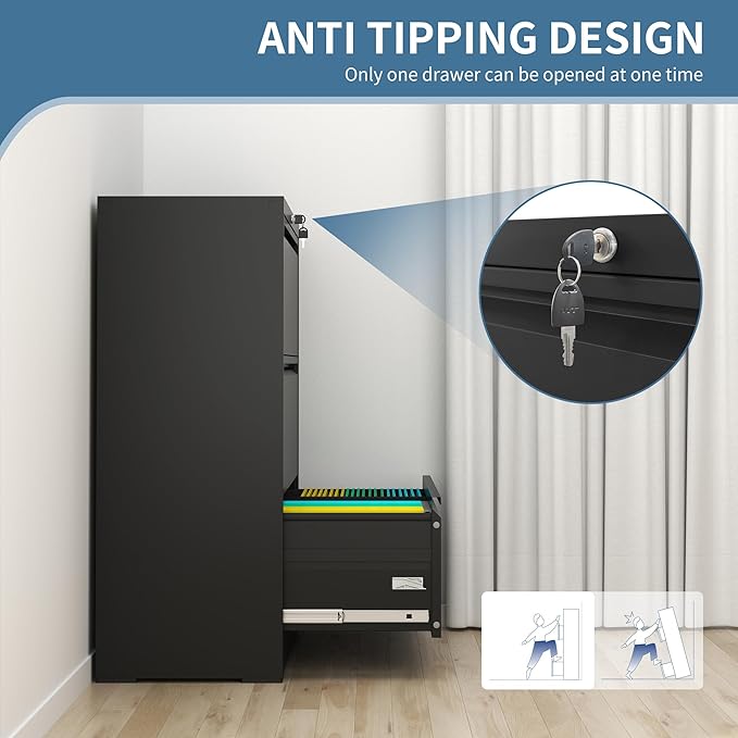 AQY3 Drawer File Cabinet with Lock,Metal Lateral File Cabinets for Home Office,Steel Wide Filing Organization Storage Cabinets for Hanging Files Letter/Legal/F4/A4 Size Assembly Required(Black)