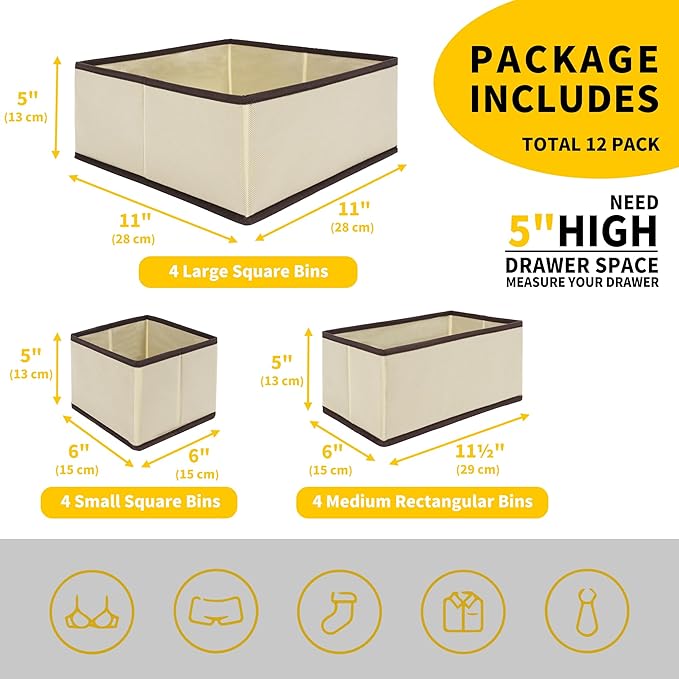 Cupic Cupid Drawer Organizer, Dresser Organizers, Foldabe Drawer Organizer Clothes, Closet Organization and Storage Dividers for Socks, Underwear and Diaper, Set of 12, Beige