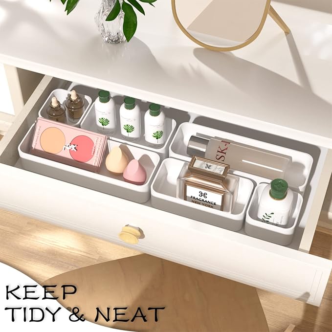 CHANCETSUI 6 PCS Stackable Drawer Organizers Set, Versatile Desk and Vanity Drawer Organizer Trays, Storage Bins for Makeup, Bathroom, Bedroom, Kitchen and Office, White