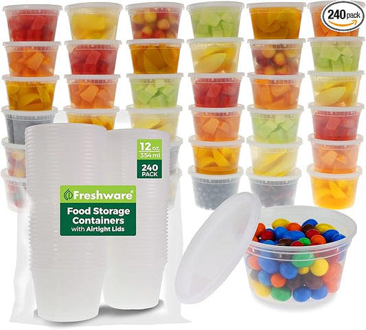 Freshware Food Storage Containers [240 Set] 12 oz Plastic Deli Containers with Lids, Slime, Soup, Meal Prep Containers, BPA Free, Stackable, Leakproof, Microwave, Dishwasher and Freezer Safe