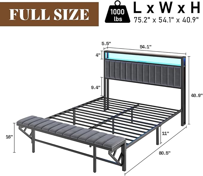 Full Bed Frame with LED Light and Charging Station, Velvet Upholstered Headboard with Storage Shelf, Heavy Duty Metal Slats/No Box Spring Needed/Easy Assembly, Grey
