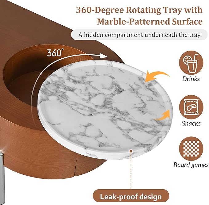 WILLIAMSPACE 47.2" Oval Lift Top Coffee Table with 360-degree Marble-Patterned Rotating Tray, Modern Wooden Center Table Side End Table Lift Tabletop with Hidden Compartment for Living Room, Brown