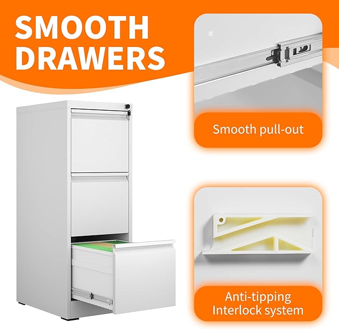 3 Drawer File Cabinet with Lock,White Metal Filing Cabinets Heavy Duty Locking Vertical File Cabinet Home Office Steel Storage Cabinet for Legal/Letter Size File,Assembly Required