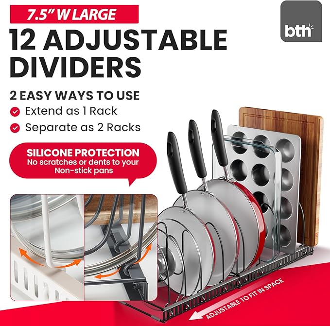 12+ Expandable Pan and Pot Lid Organizer Rack for Cabinet, Pot Lid Holder Pot Organizers Inside Cabinet, Pots and Pans Organizer Under Cabinet (Dark Grey, PAN & BAKEWARE)