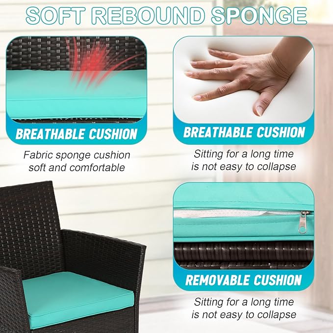 FDW 3 Piece Outdoor Furniture Set Patio Brown Wicker Chairs Furniture Bistro Conversation Set 2 Rattan Chairs with Blue Cushions and Glass Coffee Table for Porch Lawn Garden Balcony Backyard