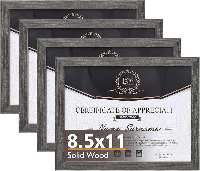 KINLINK 8.5x11 Picture Frame Ash Black, Solid Wood Diploma Frames with Acrylic Plexiglass for Pictures, Certificate Degree Document Frame Tabletop and Wall Display, Set of 4