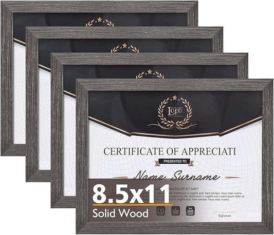 KINLINK 8.5x11 Picture Frame Ash Black, Solid Wood Diploma Frames with Acrylic Plexiglass for Pictures, Certificate Degree Document Frame Tabletop and Wall Display, Set of 4
