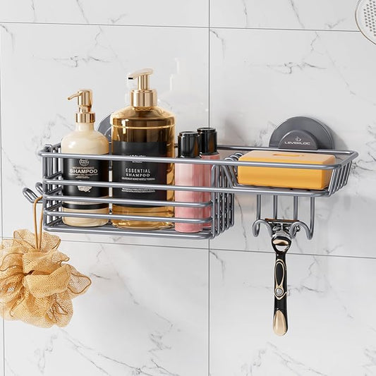 LEVERLOC Shower Caddy Suction Cup, Heavy Duty Bathroom Organizer for Inside Shower with Hooks & Soap holder， NO-Drilling Bathroom Holder-Grey