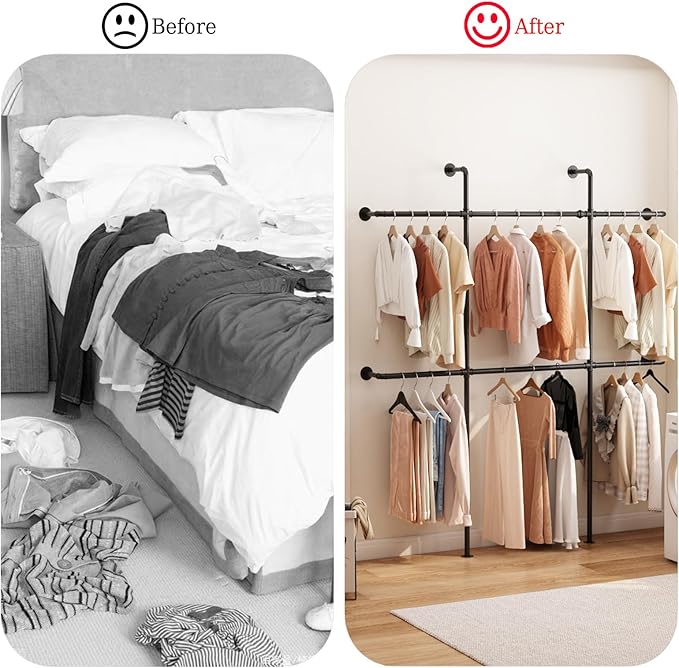 Industrial Pipe Clothing Rack Wall Mount, Black Pipe Clothes Rack with 6 Hanging Rods, Heavy Duty Pipe Clothing Rack for Laundry Room, Closet Systems for Walk in Closets