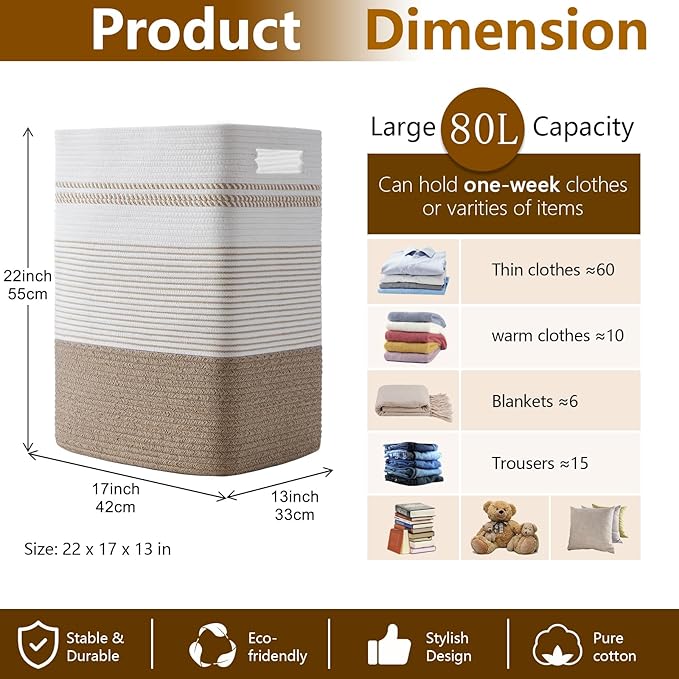 Laundry Hamper, Large Woven Rope Tall Laundry Basket with Handles, 22" X 17" X 13", Decorative Storage Basket for Clothes and Blankets in Living room, Bedroom, Brown Variegated