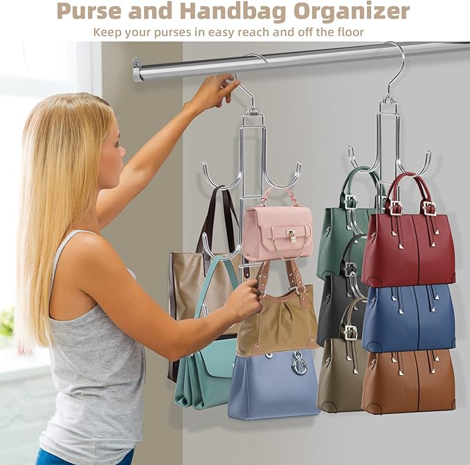 Purse Hanger Organizer for Closet, 2 Pack Handbag Storage Organizer, Hanging Purse Holder for Closet Organization and Space Saving, Accessories Organizer for Bags, Belts, Hats, Scarves, Ties