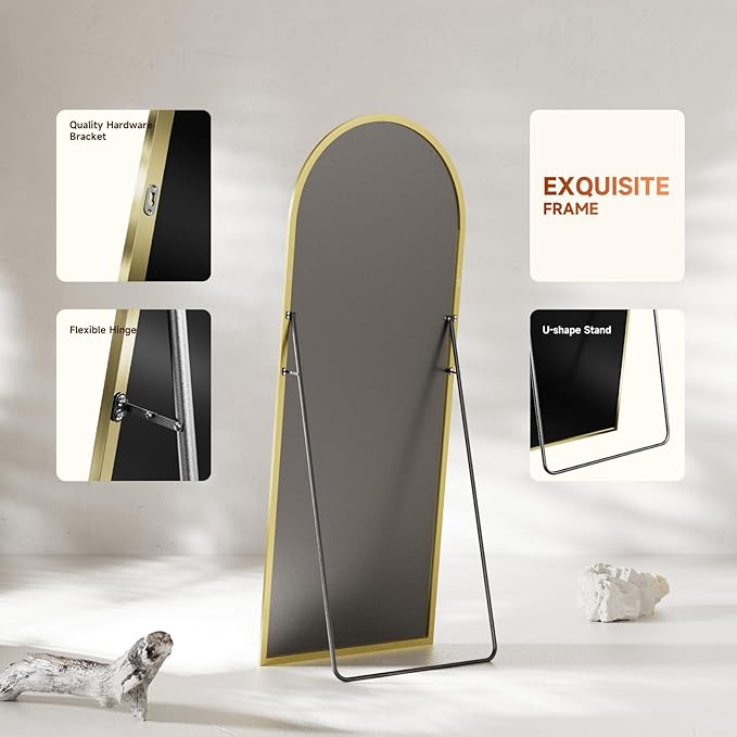 Arched Full Length Mirror 71"x28", Gold Tempered Glass Wall Hanging Mounted Body Length Mirrors with Stand, Large Floor Aluminum Alloy Thin Frame