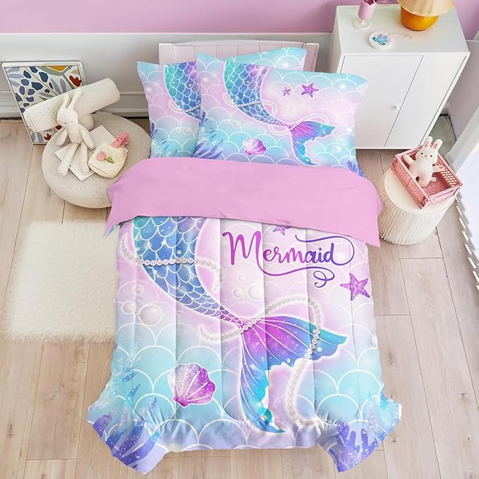 SANDJEST Mermaid Duvet Cover Sets Full Size for Kids Girls, Incude 1 Polyester Comforter Cover 80x90 Inches and 2 Pillowcases 20x26 Inches, Comforter Not Included, Gift for Christmas Birthday