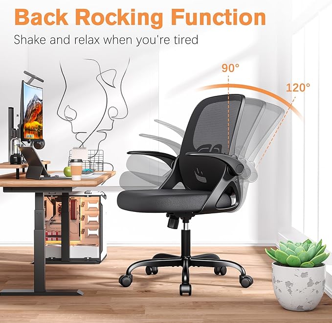 Home Office Desk Chair with Supportive Lumbar Support and Flip up Arms, Breathable Double Mesh Ergonomic Home Desk Chair for Home or Work with Extended Height(Black)