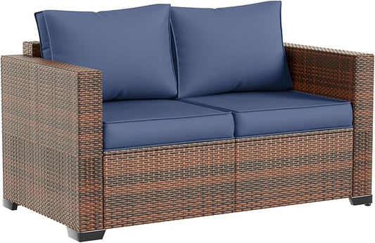 Amopatio Patio Loveseat, Outdoor Furniture 2-Seat Wicker Porch Furniture Outdoor Couch Sofa with Water-Resistant Cover & Non-Slip Cushions, Premium Patio Set, Blue