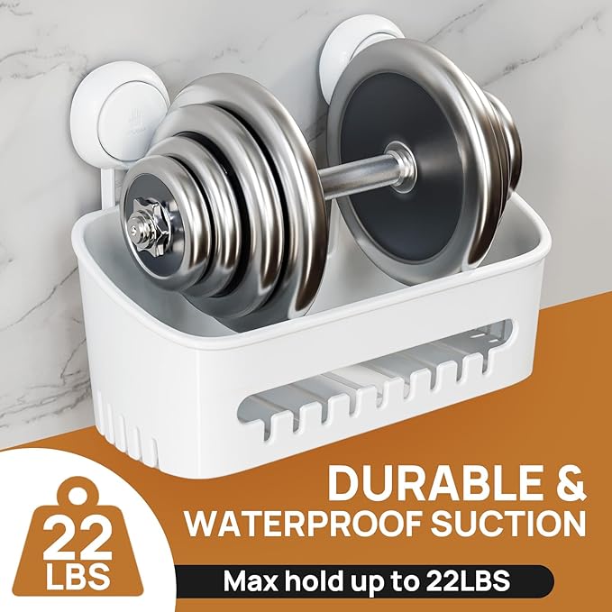 LEVERLOC Shower Caddy Suction Cup 2 Pack, Shower Organizer Removable Bathroom Shelf, Storage Suction Powerful Max Hold 22lbs Bathroom Caddy Waterproof Holder, White