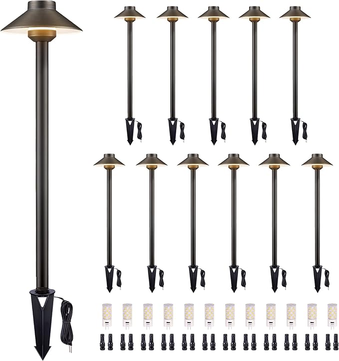 Low Voltage Landscape Path Light Solid Brass, 3 Color Temp Selectable Pathway Lights, LED Light Waterproof, 12V Wired Bronze for Walkway Garden with 3W 270LM G4 Bulb (12 Pack)